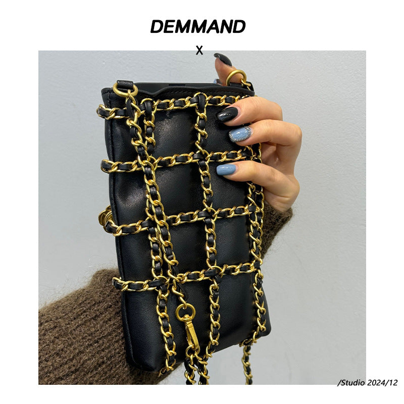 小香风山茶花真皮手机包女2024夏新款迷你菱格链条小包包斜挎包潮