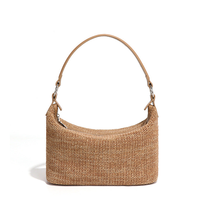 简约时尚拉菲草手提饭盒包清新百搭编织女包通勤大容量单肩腋下包