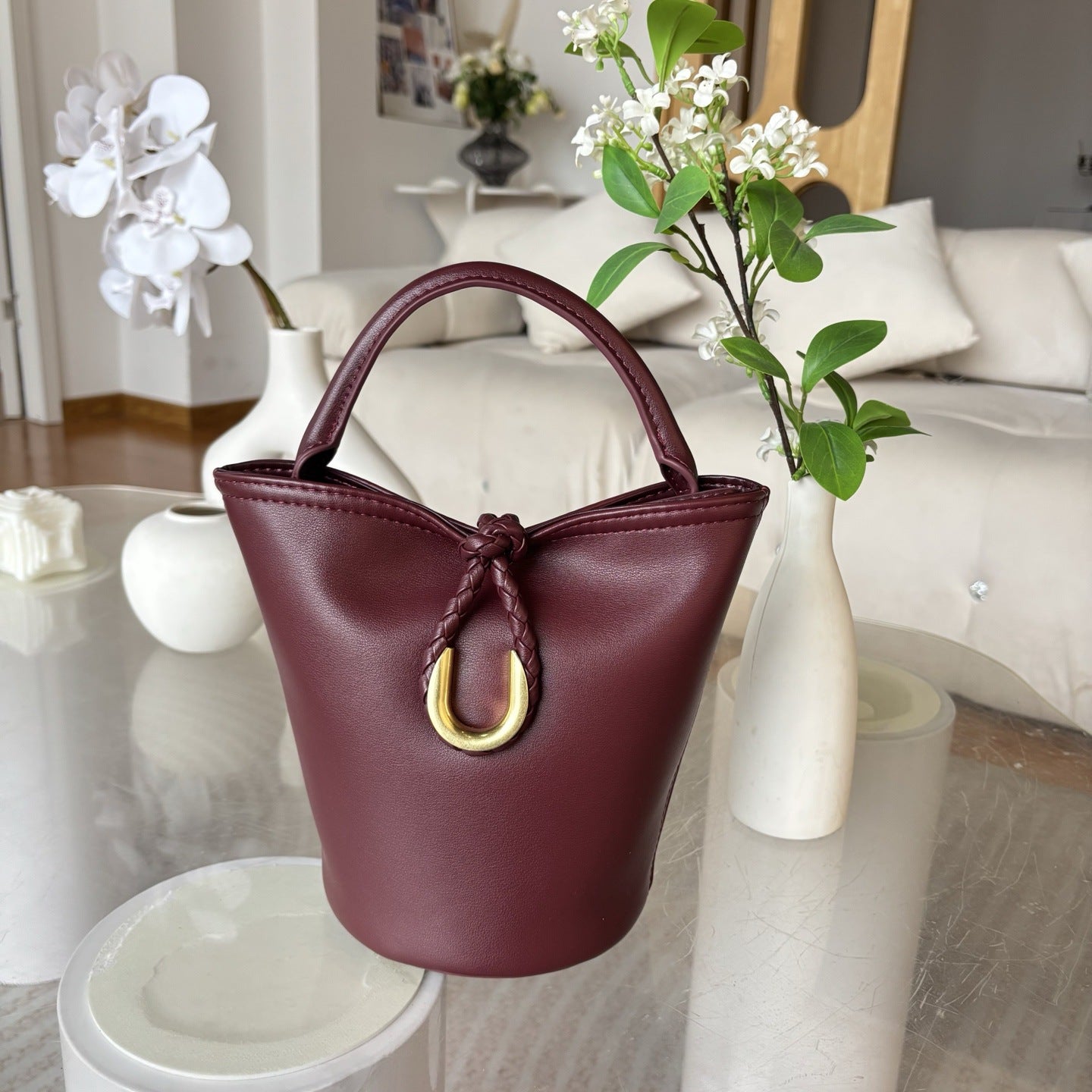 2025新款跨境编织绳结水桶包真皮手拎菜篮子包单肩斜挎小包包女