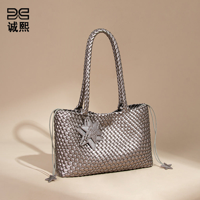 跨境新款枪枪手工编织女包潮流单肩腋下包质感休闲手拎子母托特包