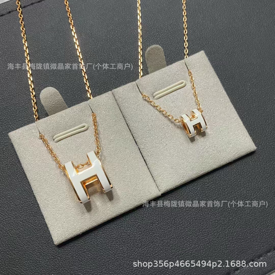 高版本H家H字母项链珐琅精工CNC锁骨链厂家直销S925银镀18K玫瑰金