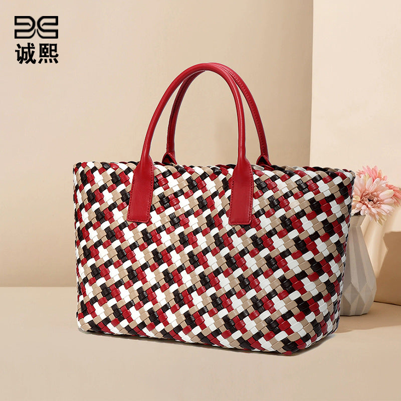 时尚欧美潮流彩色手工编织包大容量托特包手提女包个性百搭子母包