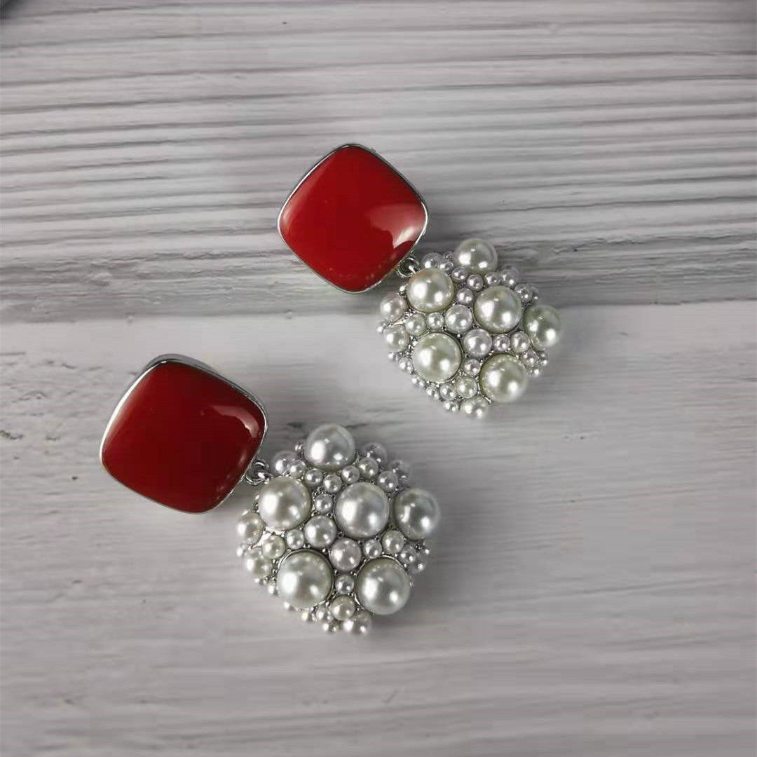 赛林家2021年新款耳环韩国气质感轻奢高级感镶钻珍珠方形耳钉女