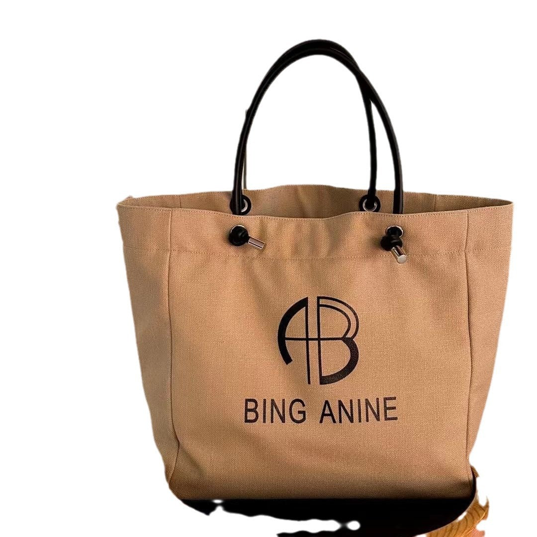 大容量托特包高品质子母印花棉麻帆布真皮手拎袋度假帆布袋文艺包