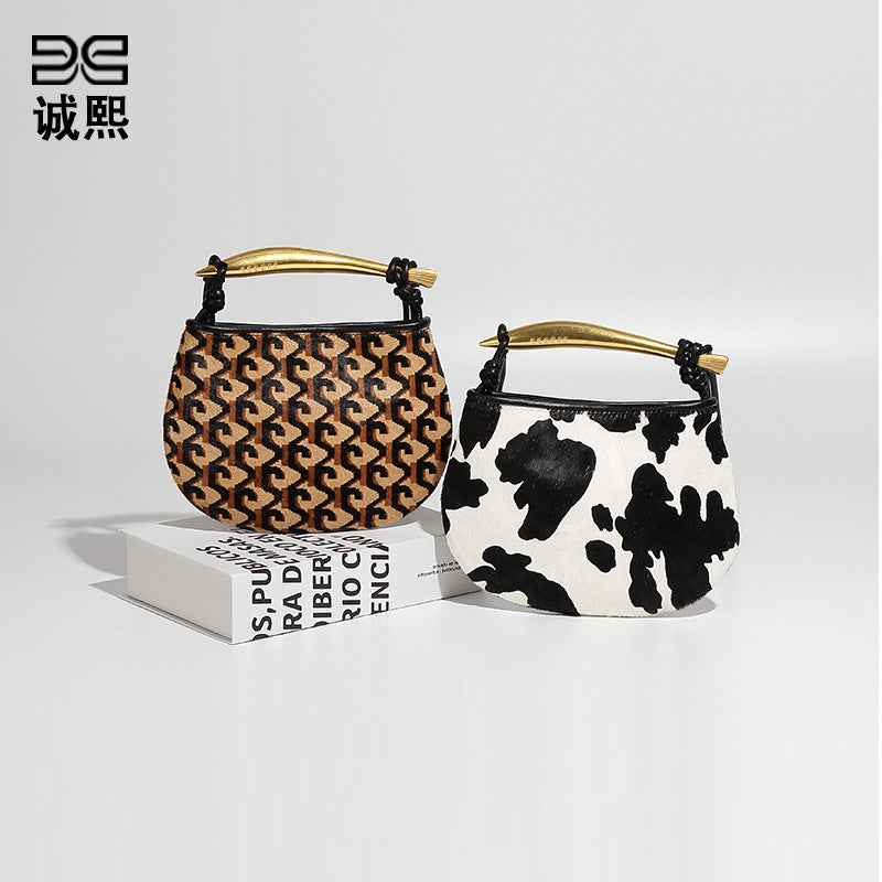 秋冬新品高级感马毛手提包包小众设计潮流豹纹沙丁鱼单肩斜挎女包