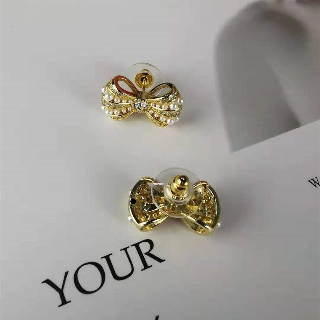 赛家新款满钻耳环精致小巧珍珠蝴蝶结耳钉甜美气质韩版INS耳饰