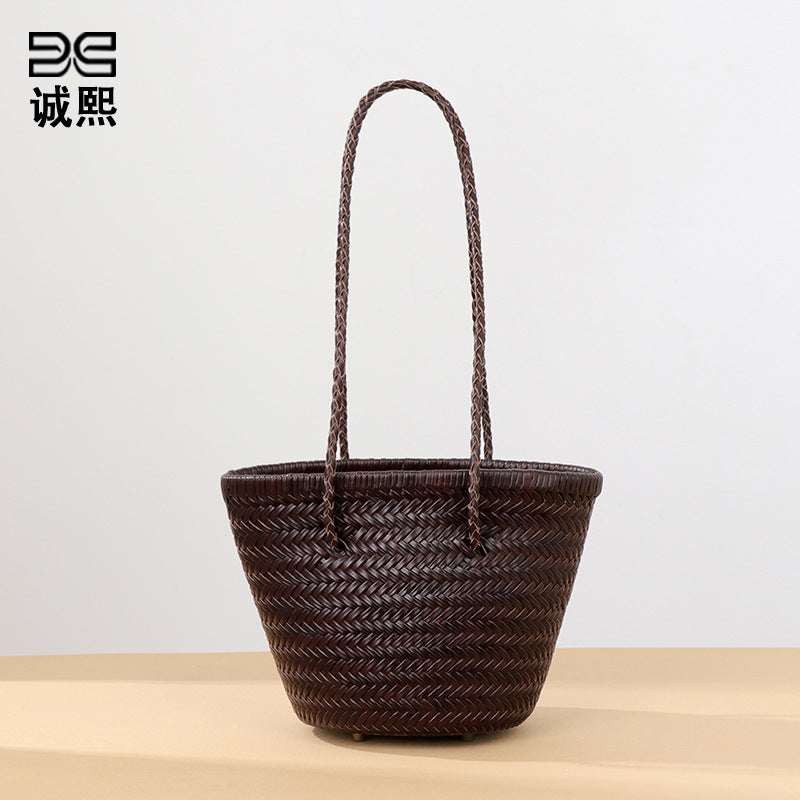 时尚百搭菜篮子牛皮真皮单肩女包新款潮编织包法式小众腋下子母包