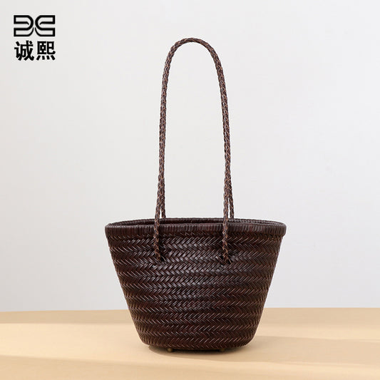 时尚百搭菜篮子牛皮真皮单肩女包新款潮编织包法式小众腋下子母包