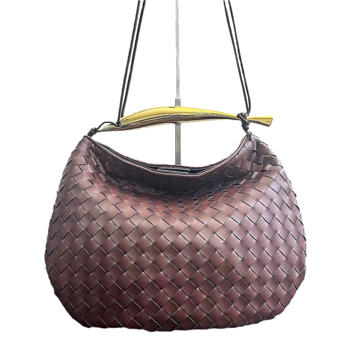 预售新款沙丁鱼编织包真皮时尚休闲高级感鲨鱼金属柄半月手提女包