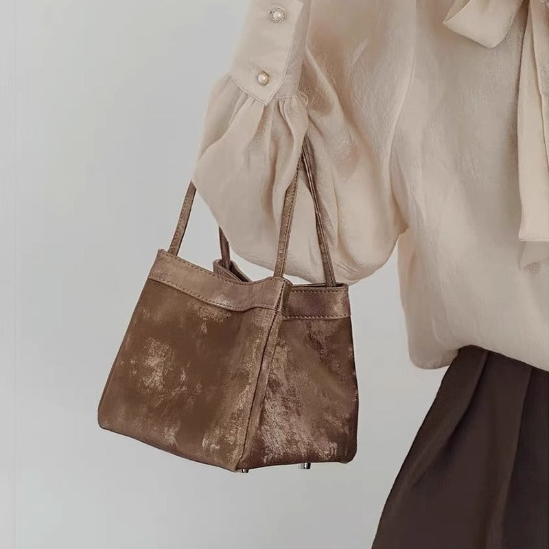 新中式国风晕染菜篮子包牛皮绸缎锦囊包手提包女单肩斜挎包水桶包