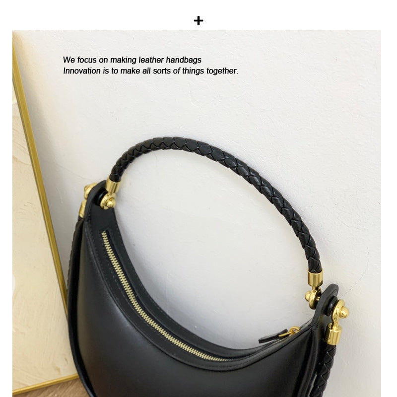 跨境爆款2025新款真皮编织手拎包时尚通勤新月包单肩斜挎半月包