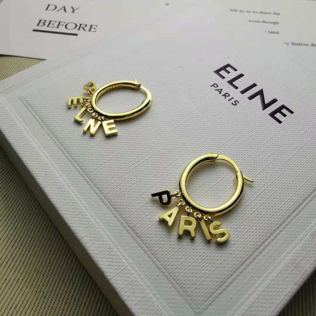 赛家2021新款logo字母耳环女高级感气质耳圈Celin风金色流苏耳扣