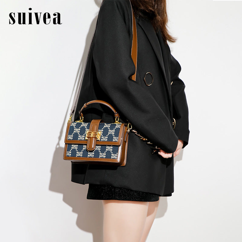 2025新款手提盒子小方包复古刺绣牛仔蓝单肩包通勤百搭斜挎女包包