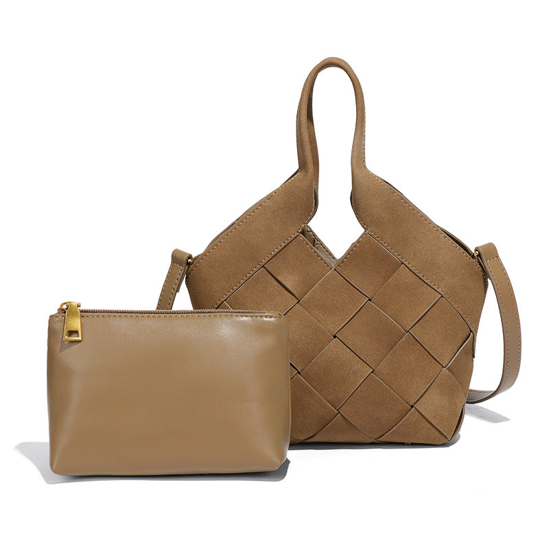 时尚磨砂高级感手拎单肩女包小众手工编织包包简约潮流子母斜挎包