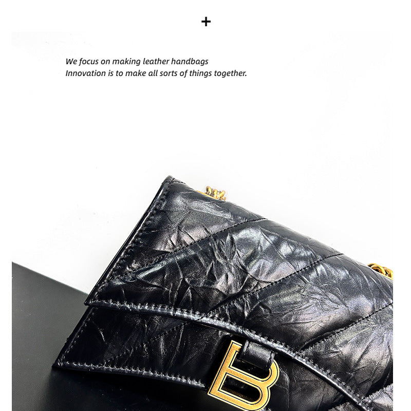 高级感头层牛皮沙漏包2023春夏新款褶皱菱格链条包单肩斜挎包女