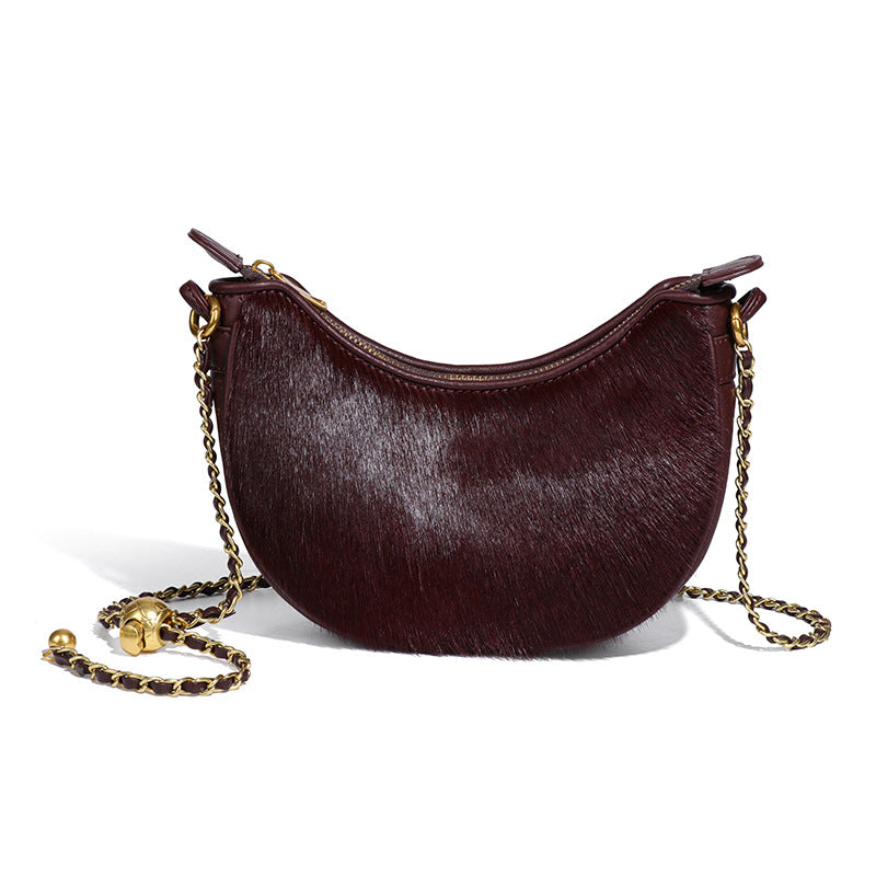 新潮时尚豹纹饺子包真皮马毛新月包质感小众斜挎月牙包复古单肩包