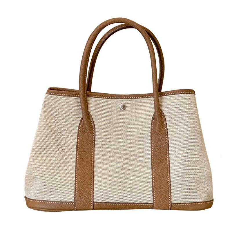 文艺范 花园帆布配TOGO头层牛皮女包手提包大容量撞色单肩托特包