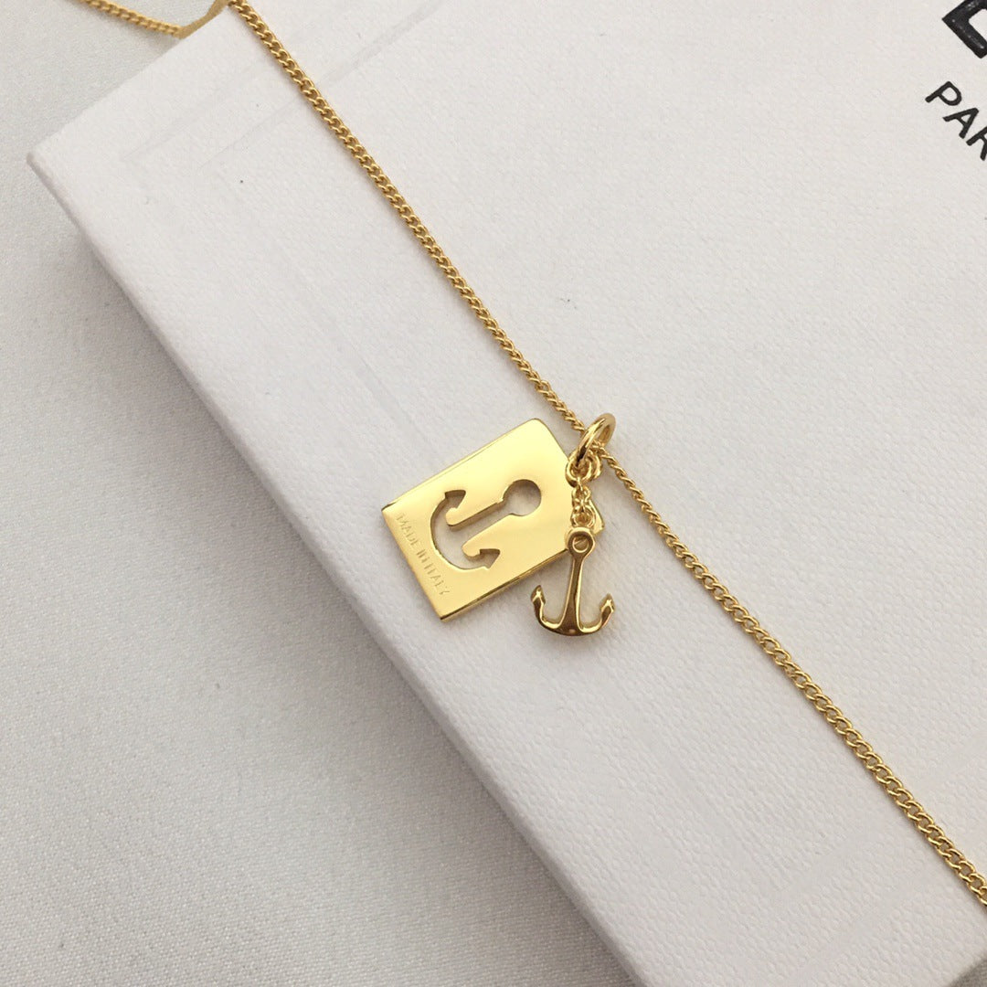 赛林家新款方框心形项链女高级感个性气质船锚锁骨链黄铜镀金颈链