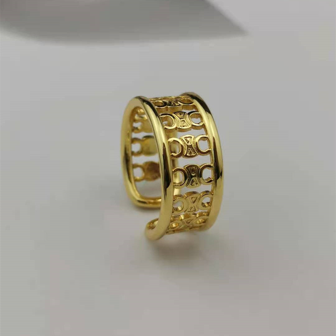 赛家新款凯旋门戒指高级感气质金色光面甜酷风几何形徽章开口指环