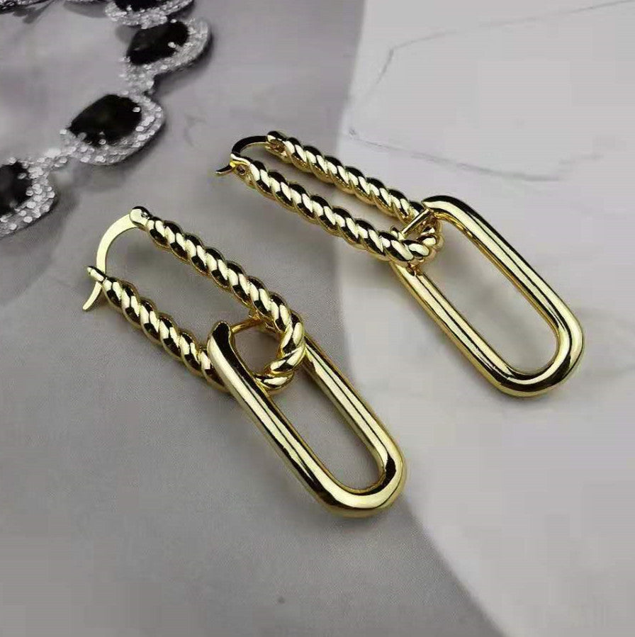 赛家欧美金色麻花耳环女气质耳饰个性小众设计高级感经典两戴耳圈