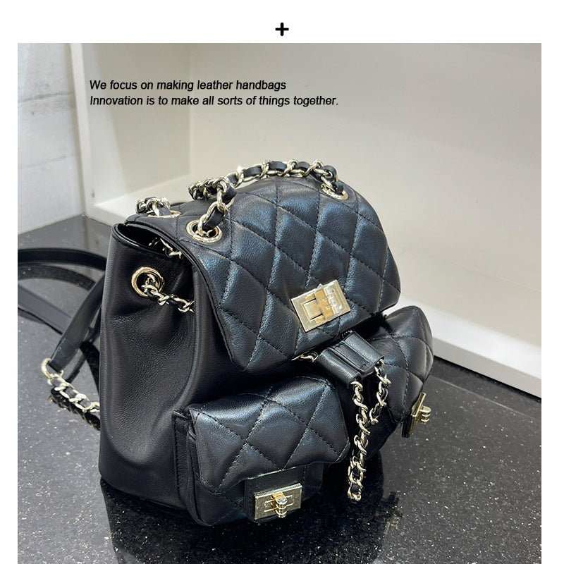 韩版时尚高级感双肩包女2025新款小香风菱格链条包小众双肩背包