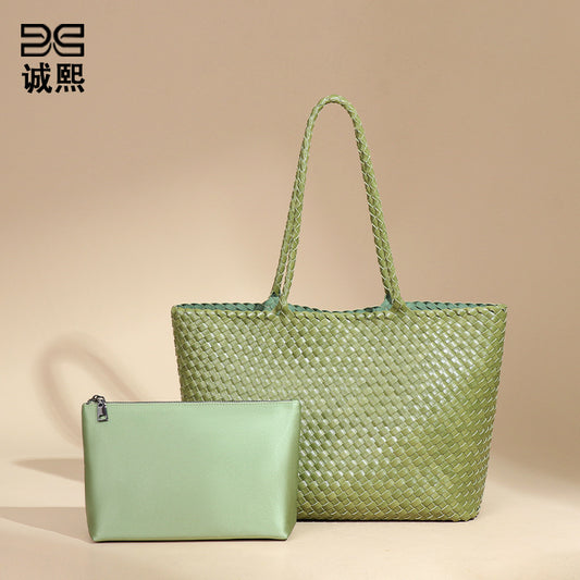 夏季新款大容量手工编织包女士休闲手提托特包时尚单肩腋下子母包