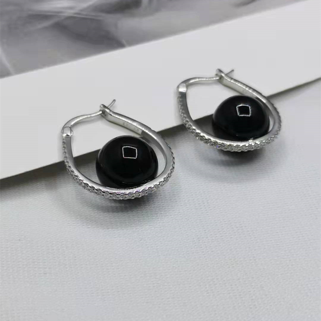 赛家21新款珍珠U形满钻耳环女高级感气质黑色珠几何椭圆形耳扣