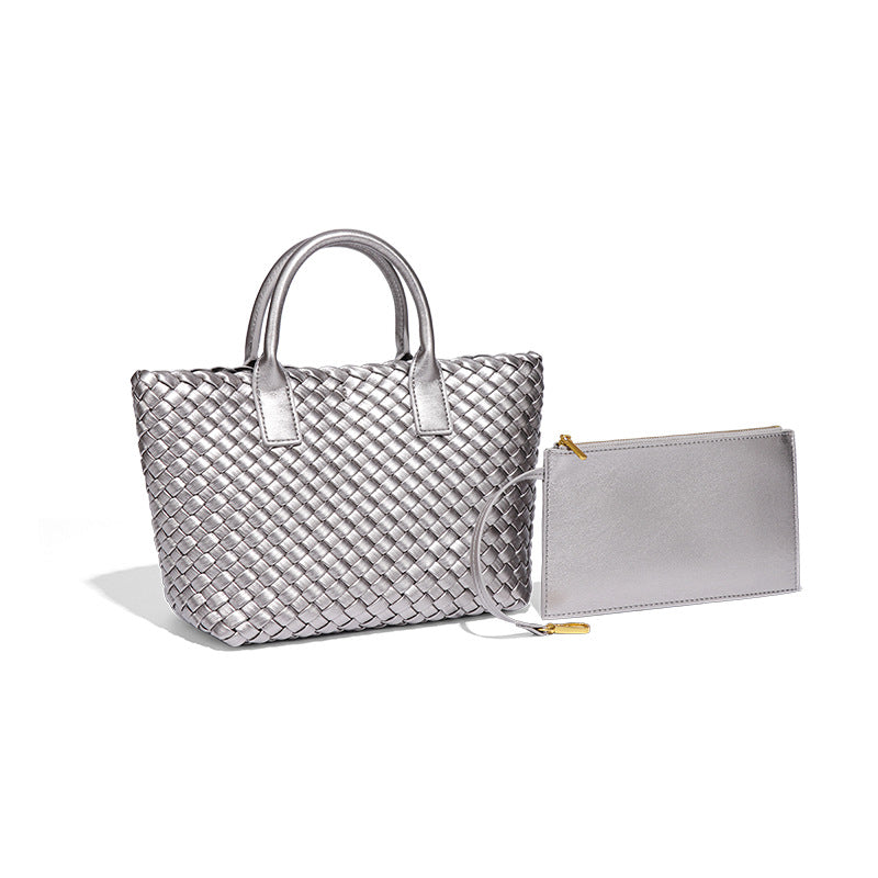 跨境2025新款撞色女士手提包时尚潮流手工编织包高级感单肩斜跨包