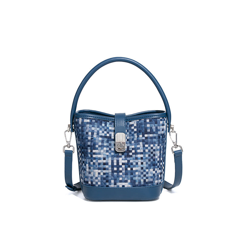潮流撞色手提包个性百搭编织女包大容量水桶包质感休闲单肩斜跨包