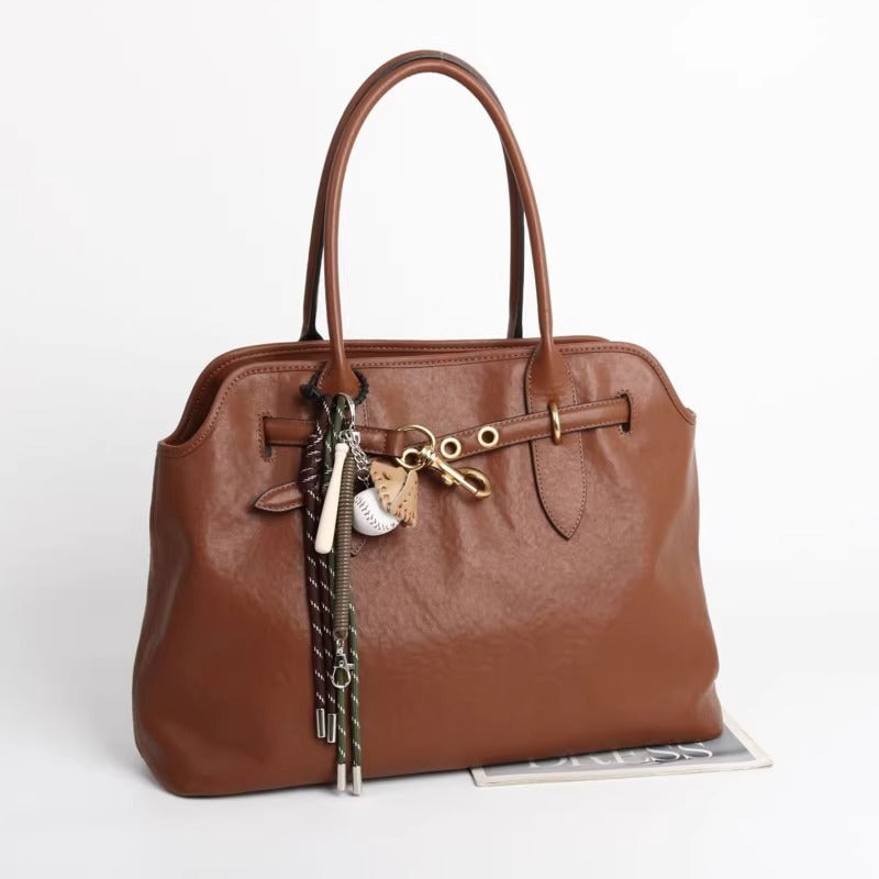 M家同款头层植鞣牛皮托特包小众设计高级感大容量贝壳腋下通勤包