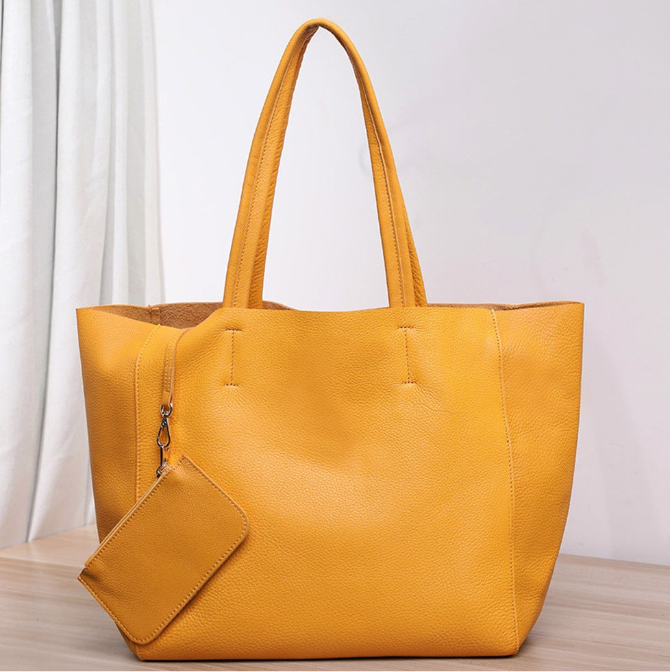 韩版大容量通勤包妈咪购物包牛皮简约真皮托特包单肩斜跨笔记本包