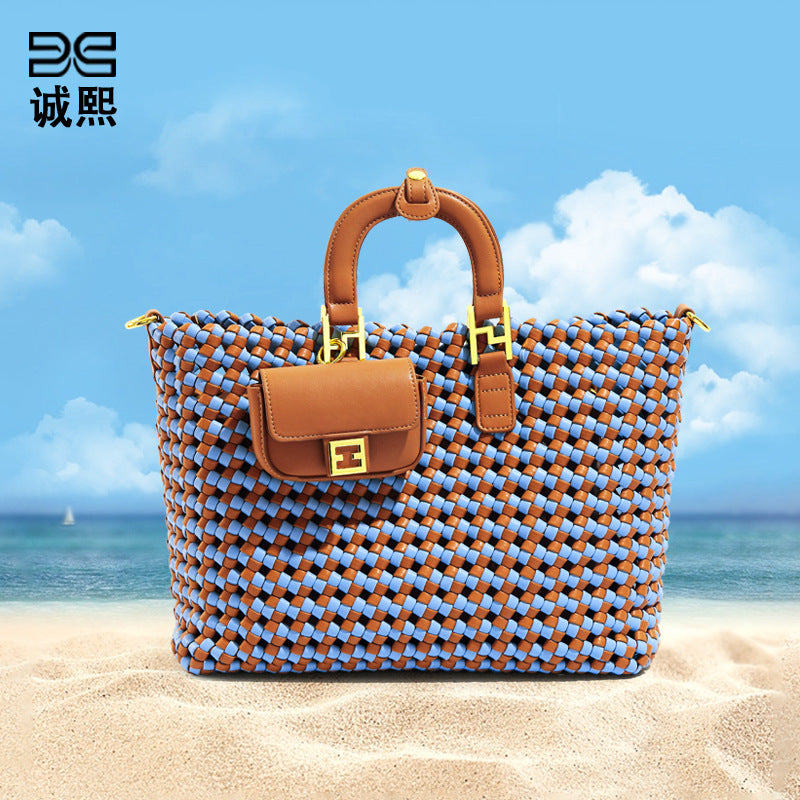 夏季休闲百搭大容量托特手提包手工编织包包简约三件套单肩斜挎包