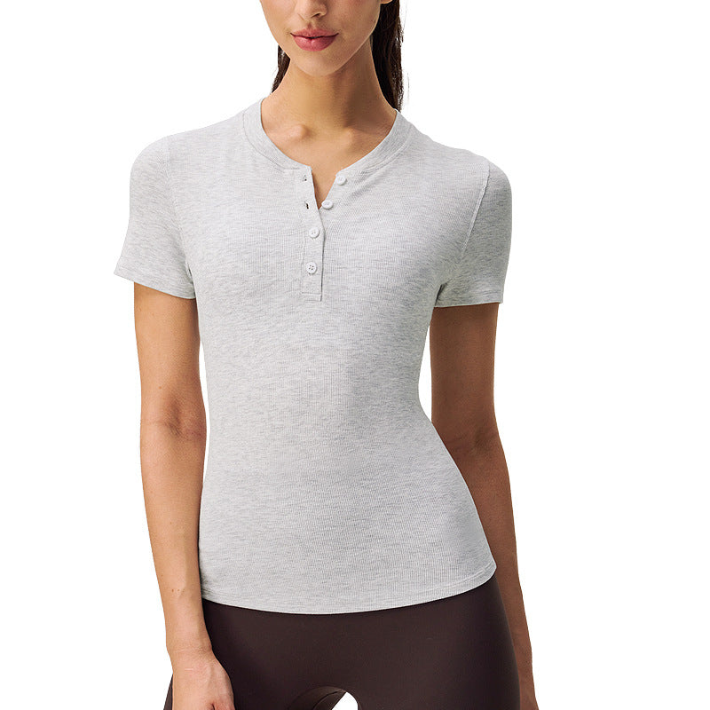 lulu亨利衫女半开领螺纹修身短袖显瘦运动上衣透气瑜伽服短款T恤