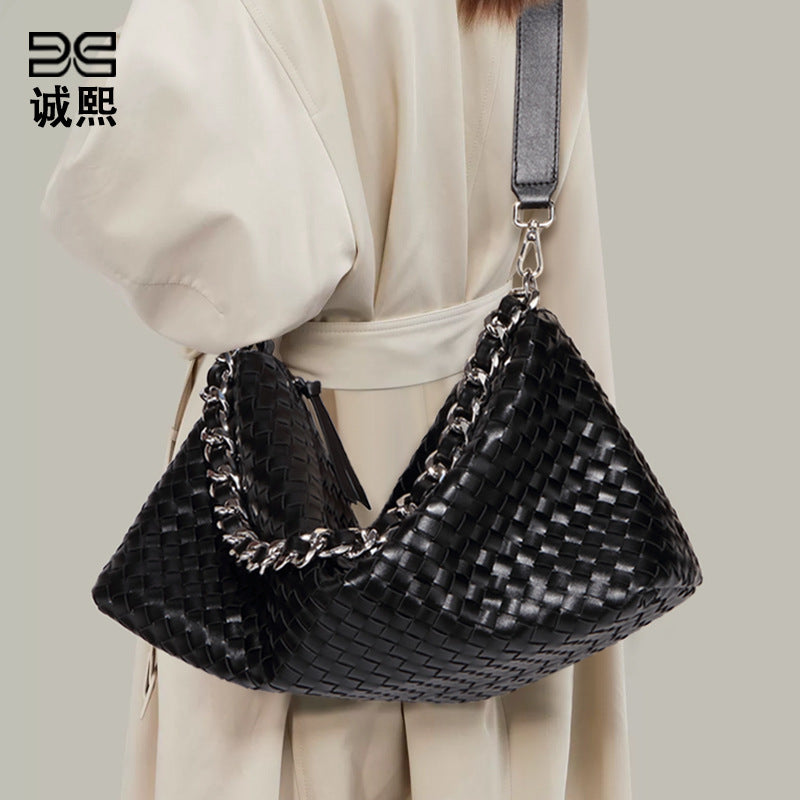 时尚简约单肩斜跨包高级感百搭手提腋下包通勤大容量手工编织包包