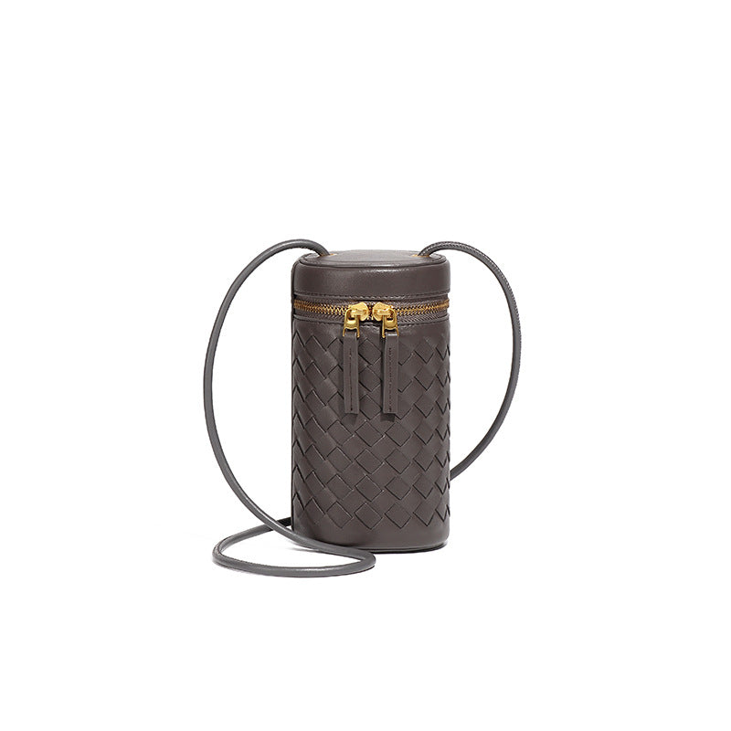 时尚简约纯色圆筒包新款百搭手工编织包包迷你可爱单肩斜挎手机包