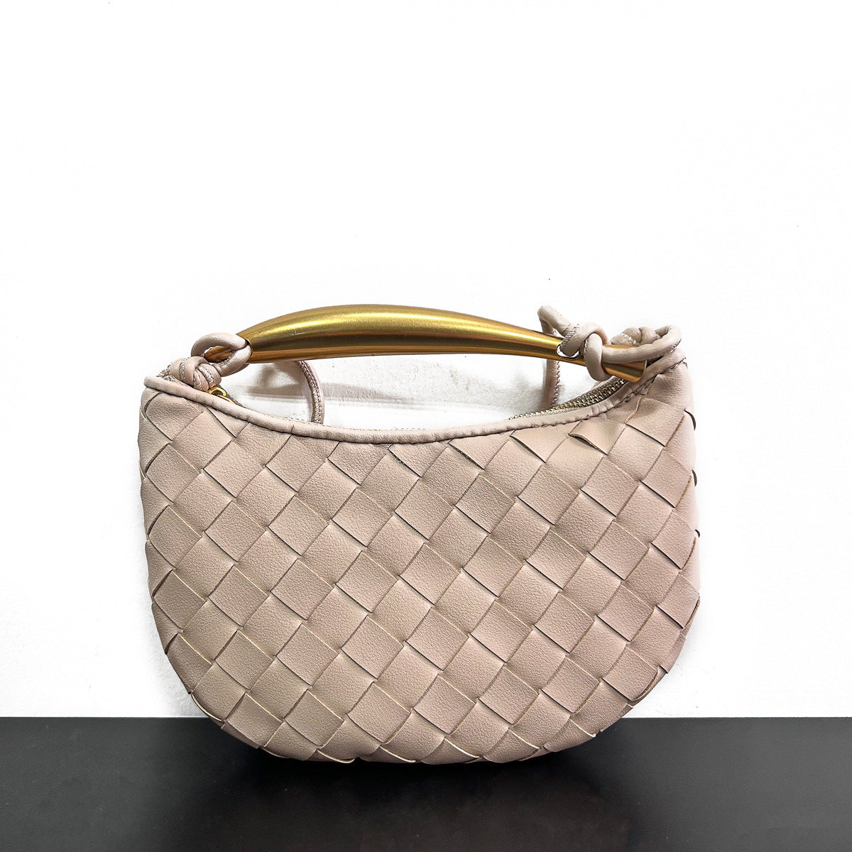 拉链款编织包包2023新款牛皮金属手柄月牙包单肩斜挎手提包时尚