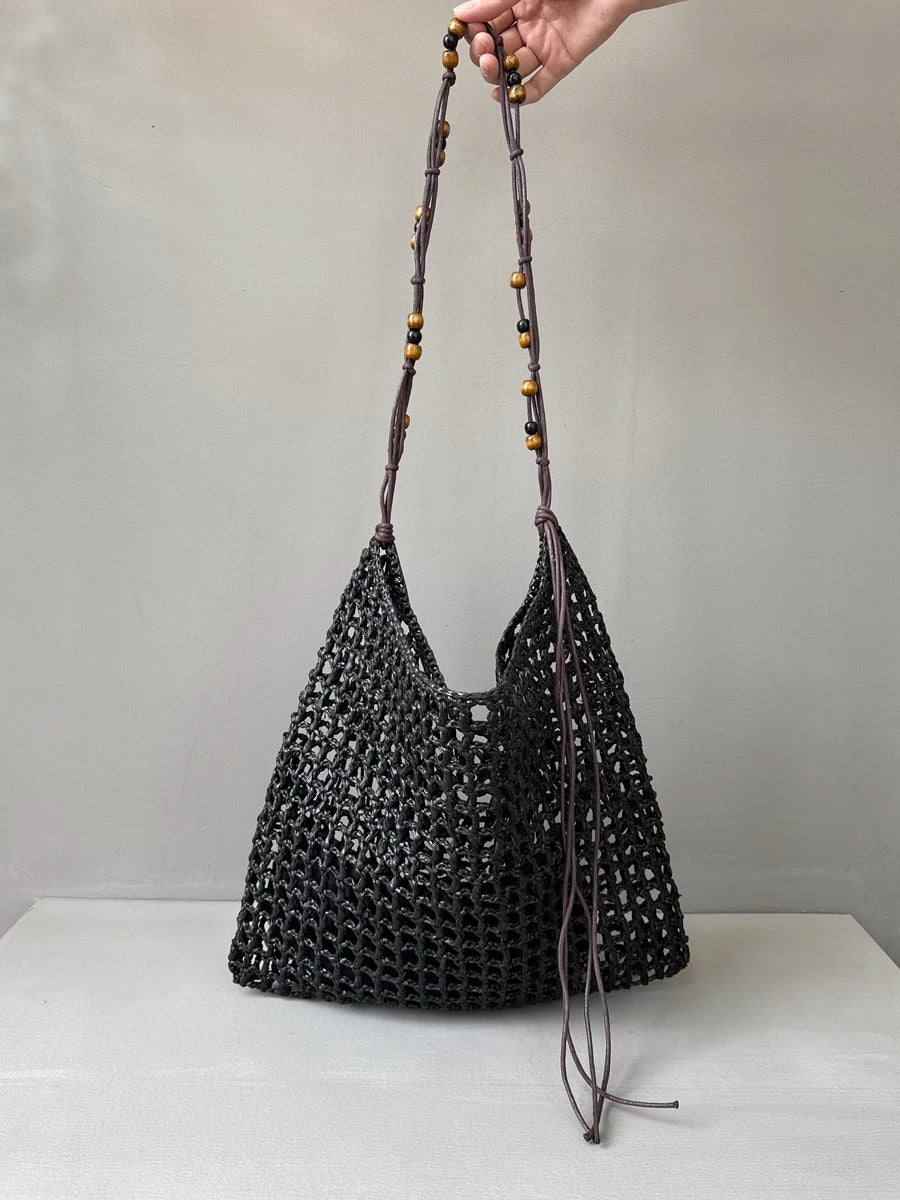 夏天沙滩包拉菲草编织包串珠复古腋下包大容量购物包单肩托特包女