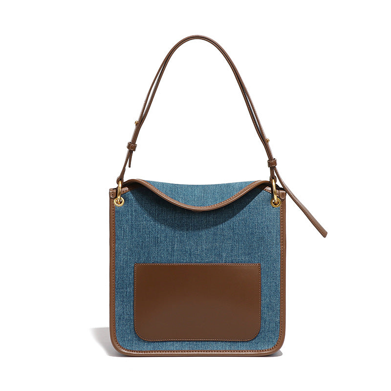 小众设计原创包包女牛仔布撞色复古大容量背包托特包单肩包斜挎包