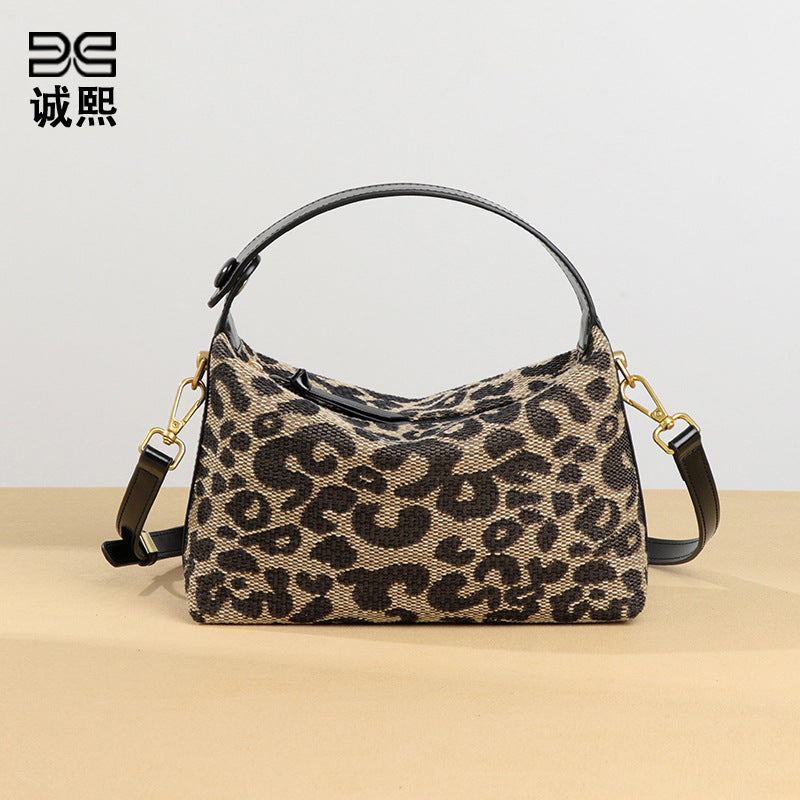 跨境豹纹秋冬新款手拎饭盒包复古大容量单肩斜挎包高级感休闲女包