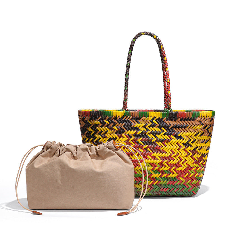 高端定制真皮菜篮子手提包彩色手工编织托特包森系潮流单肩腋下包