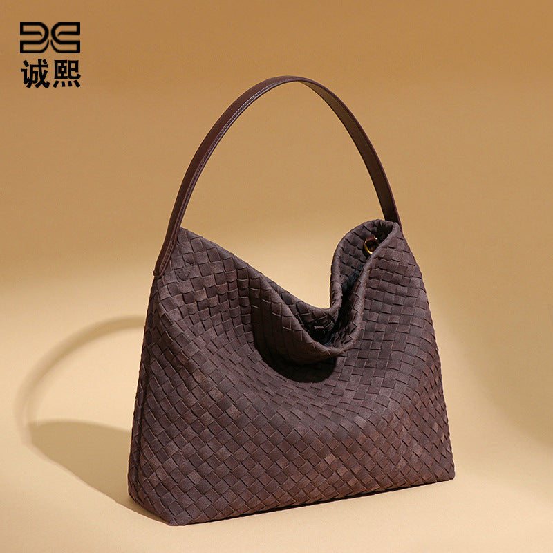 复古磨砂大容量托特包手工编织包轻奢时尚单肩斜挎女包潮流腋下包