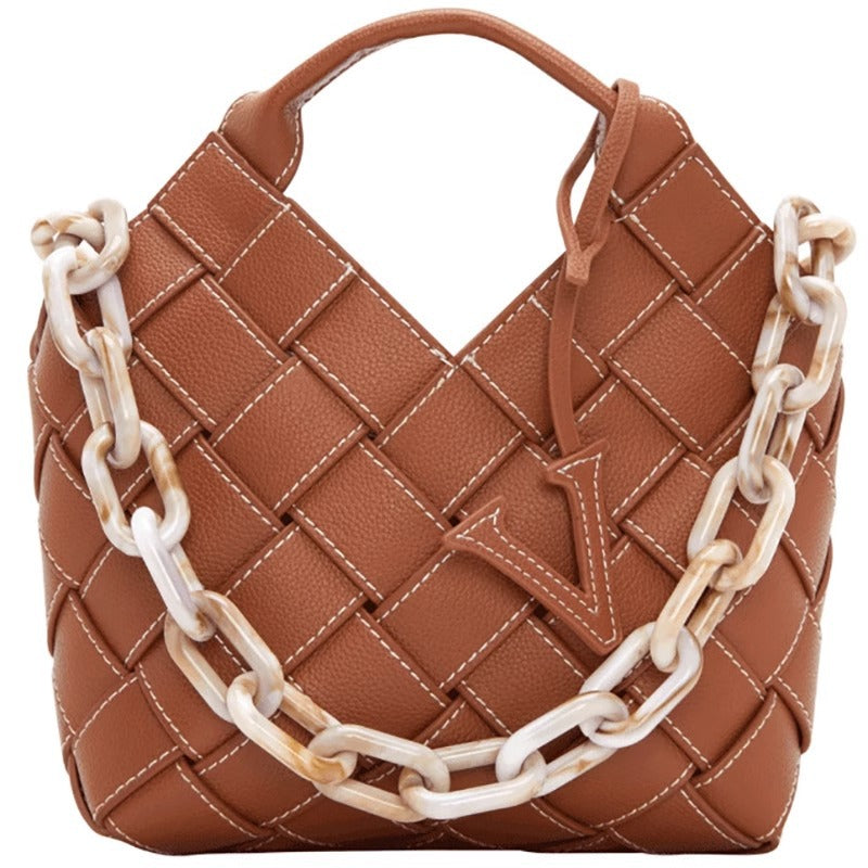 欧美时尚 轻奢高级质感牛皮菜篮子编织包单肩手提包女一件代发