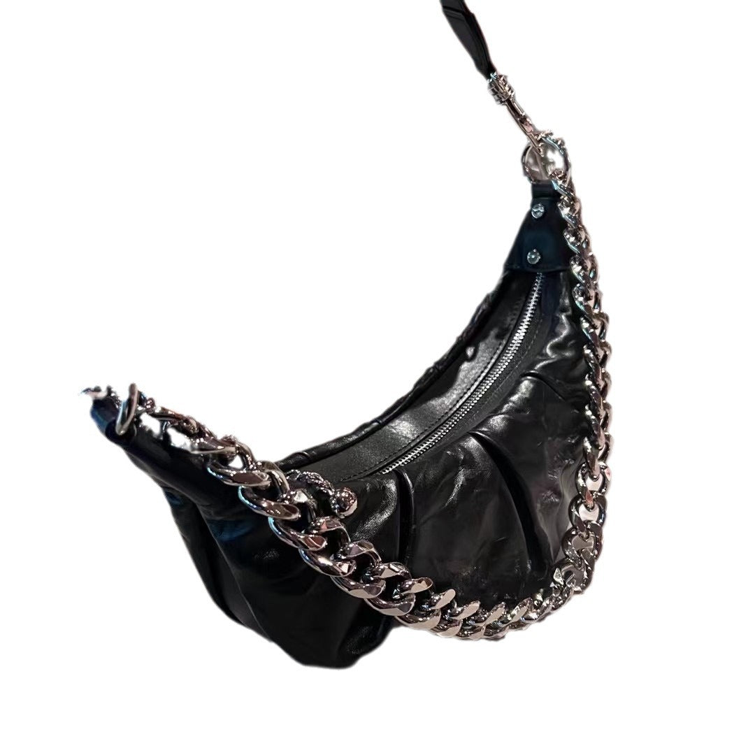 2023新款潮时尚褶皱马鞍包休闲链条单肩新月包百搭网红软皮斜挎包