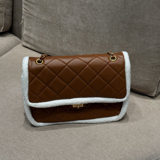 羊羔毛磨砂皮包2024秋冬新款时尚毛绒单肩包真皮锁扣托特包手提包