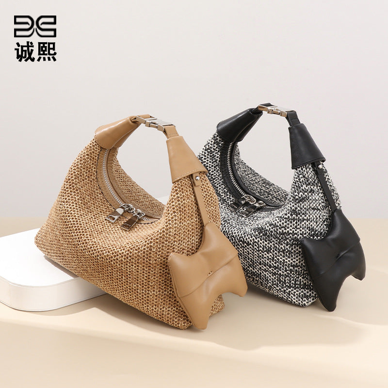 海边夏日新款拉菲草手拎饭盒包休闲百搭单肩腋下包时尚草编饺子包