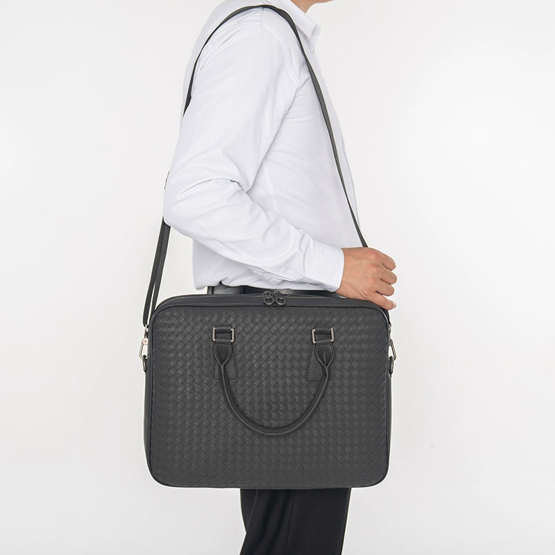X&BV手提包男商务休闲公文包真皮编织青年电脑包时尚单肩斜挎包男