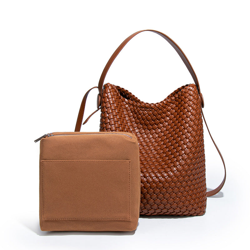 外贸复古大容量水桶包真皮单肩腋下时尚编织女包高级感手提子母包