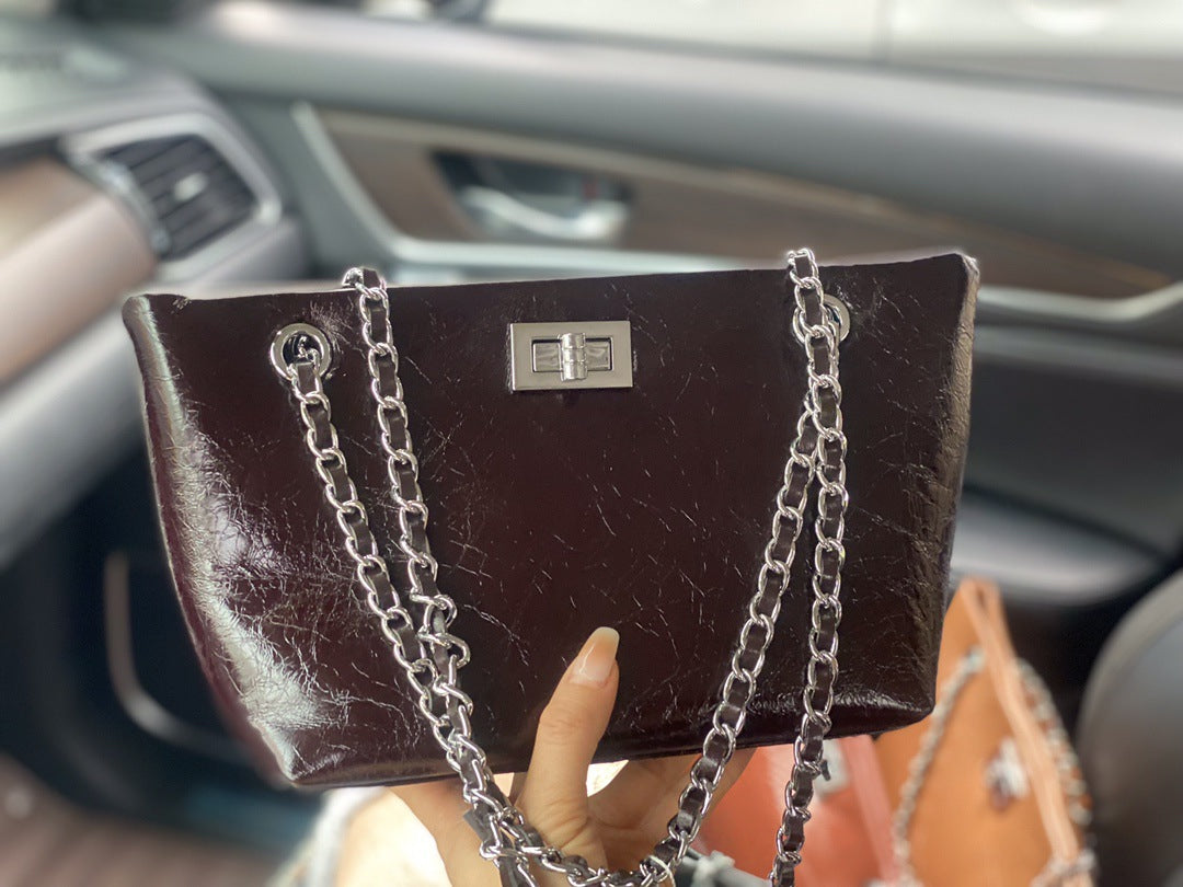 新款爆裂纹头层牛皮小香风链条女包杨树林流浪包单肩斜挎包女潮包