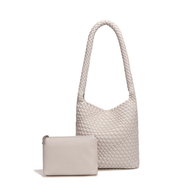 欧美风潮流单肩托特包时尚简约手工编织包包软皮大容量子母腋下包