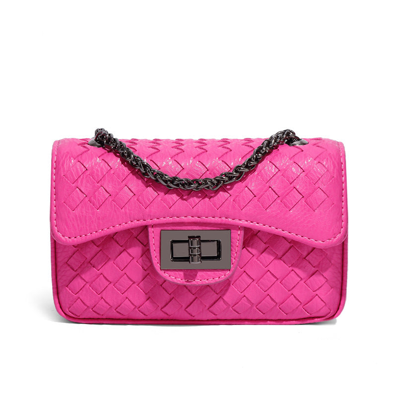 时尚百搭小方包小香风链条单肩斜挎女包简约休闲纯色手工编织包包